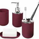 Bathroom Accessory Set, 4 Pcs Plastic Bathroom Set Include Soap Dispenser, Soap Dish, Toothbrush Holder, Mousewash Cup, Modern Bahtroom Dcor Set, Space Save for Bathroom(Burgundy)