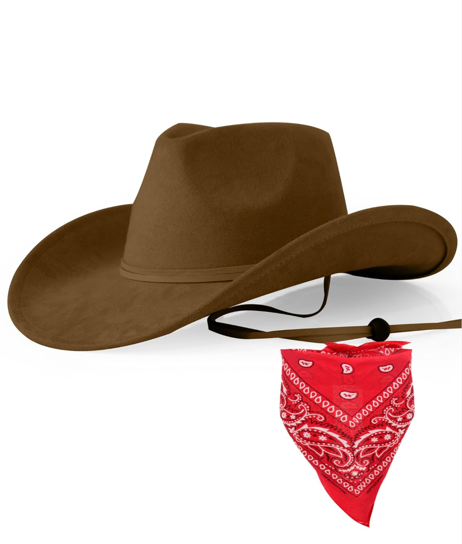Wildarms Cowboy Hat with Bandana - Adjustable Wide Brim Western Hat for Men & Women,Costume Accessories for Rodeo & Halloween