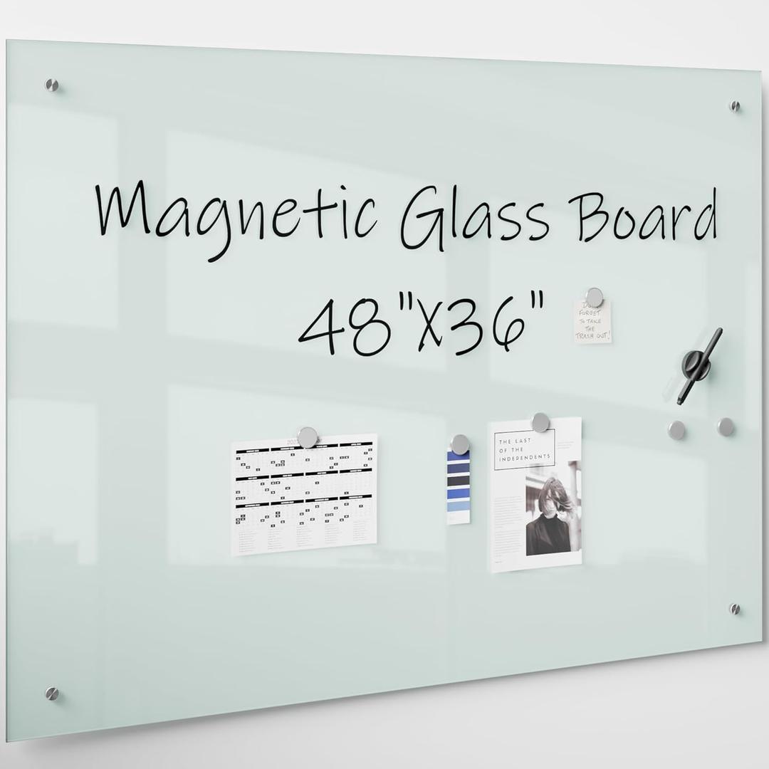 R&G Magnetic Glass Dry Erase Board 4x3 Glass Whiteboard Frameless Glass Dry Erase Board for Wall with Eraser Marker (48" x 36")