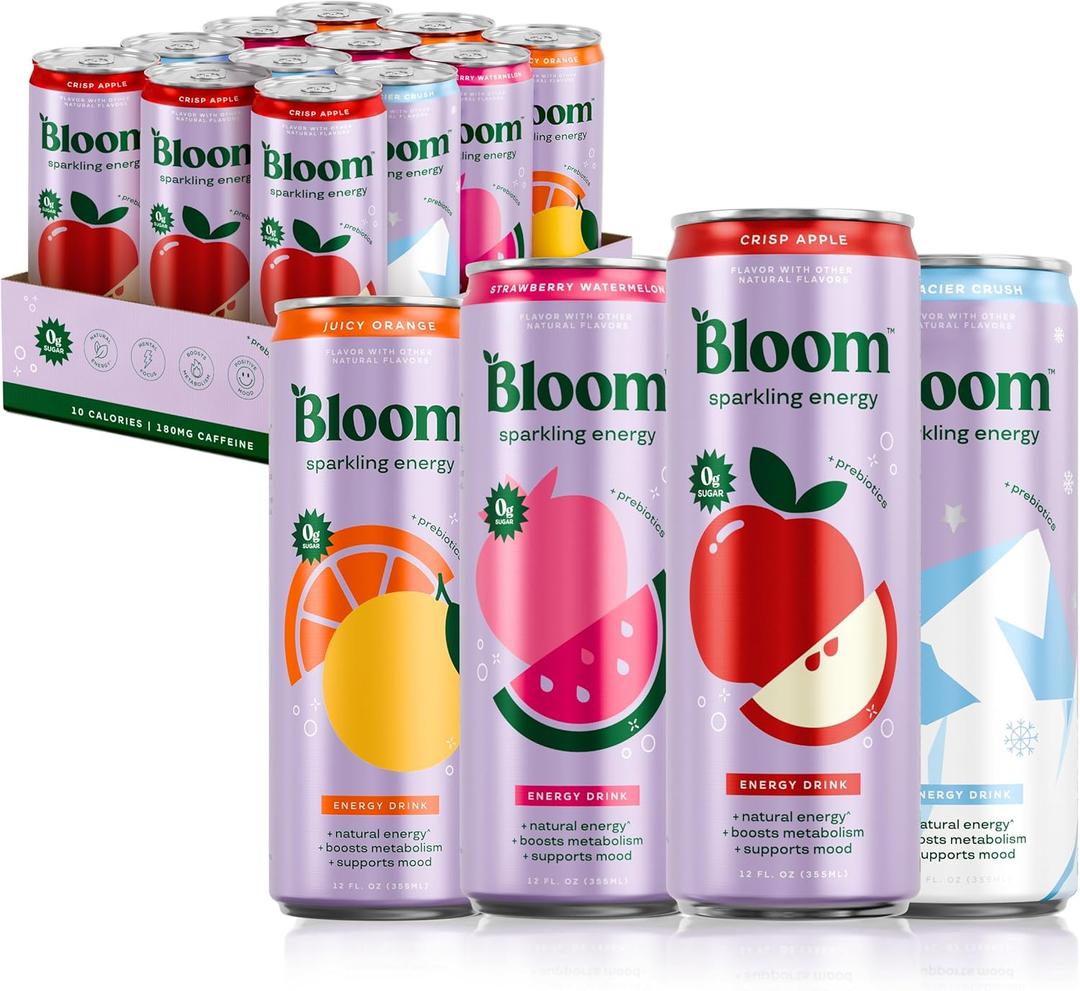 Bloom Nutrition Sparkling Energy Drink Apple Crisp/Glacier Crush 12oz 12Pk