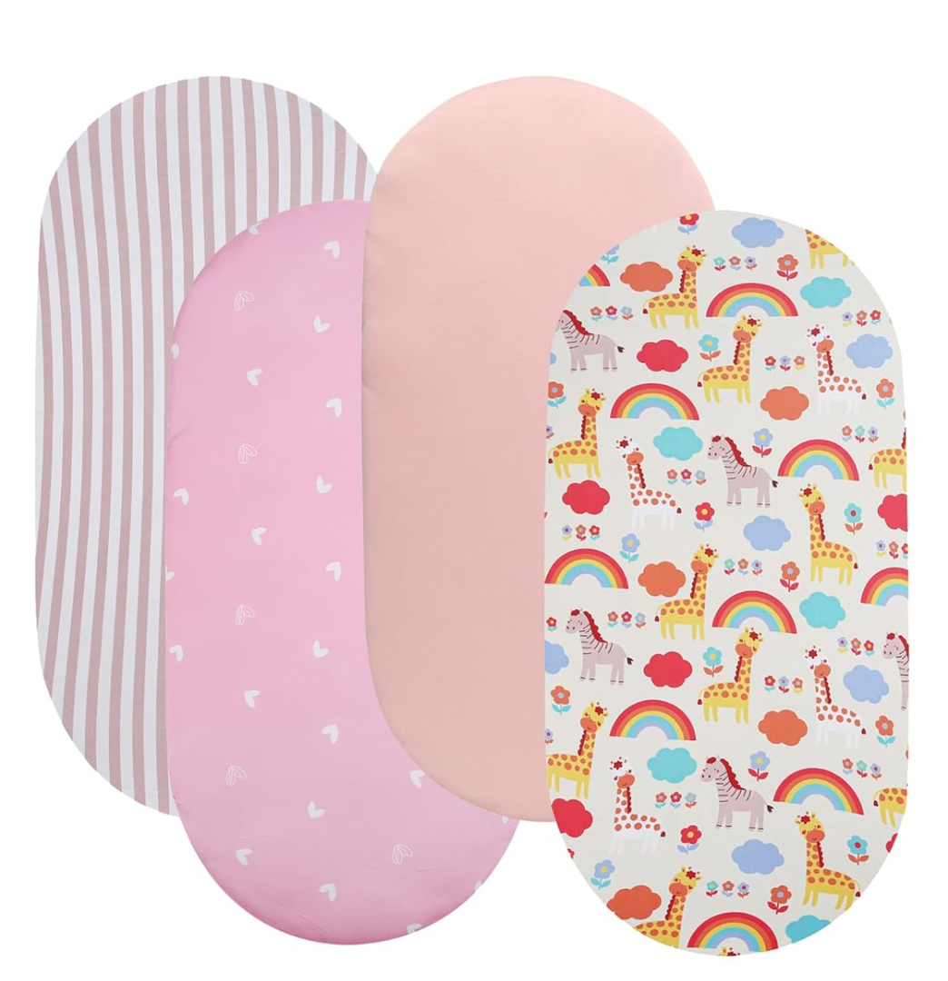 Tontukatu Bassinet Sheet Set 4 Pack Snug Fitted Cradle Fitted Sheets, Stretchy Ultra Soft, for Oval Rectangle Hourglass Bassinet Mattress, Unisex Boy Girl, Stripe/Love/Pink/Rainbow