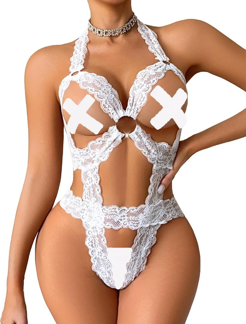 Avidlove Sexy Lingerie for Women Lace See Through Bodysuit Deep V Neck Teddy Lingerie One Piece Exotic BabyDoll, S