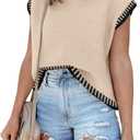 Disamer Cap Sleeve Knit Sweater Tops Sleeveless Vest 2026 Spring Clothes Oversized Summer Tank Trendy Short Sleeve T Shirts (Beige, XL)