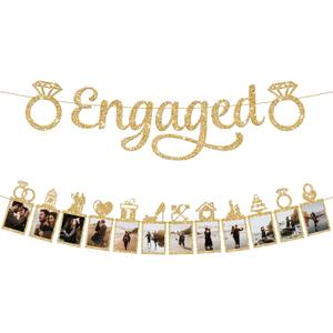 KatchOn, Gold Glitter Engaged Photo Banner - 2 String, 10 Feet, No DIY | Gold Engagement Party Decorations | Engagement Photo Banner for Bachelorette Party Decorations | She Said Yes Decorations
