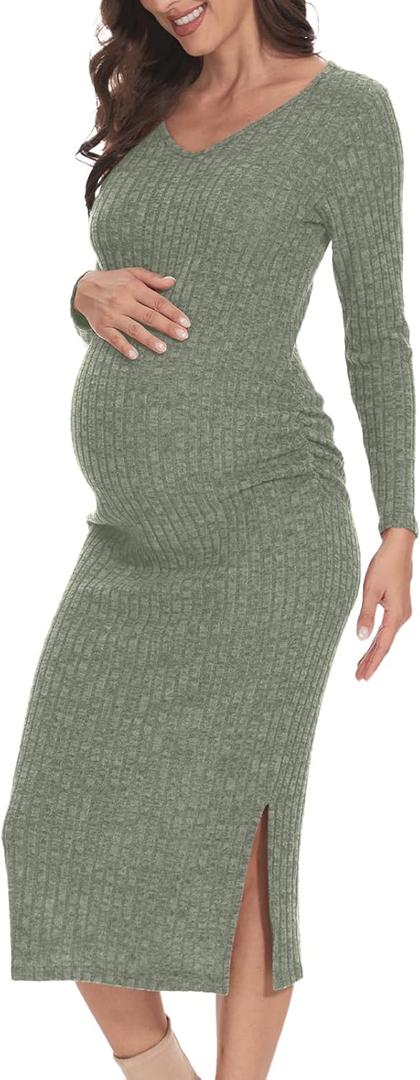 Long Sleeve Maternity Sweater Dress for Fall Winter Baby Shower & Photoshoot - Women's Pregnancy Maternity Dresses (Large)