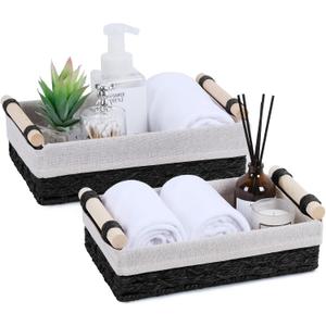 Wicker Storage Basket with Wooden Handle Paper Rope Decorative Toilet Paper Baskets & Bathroom Organizer for Toilet Tank Top, Shelves, Bedroom, Countertop,Home,Office Storage Bins, 2 Pack,Black