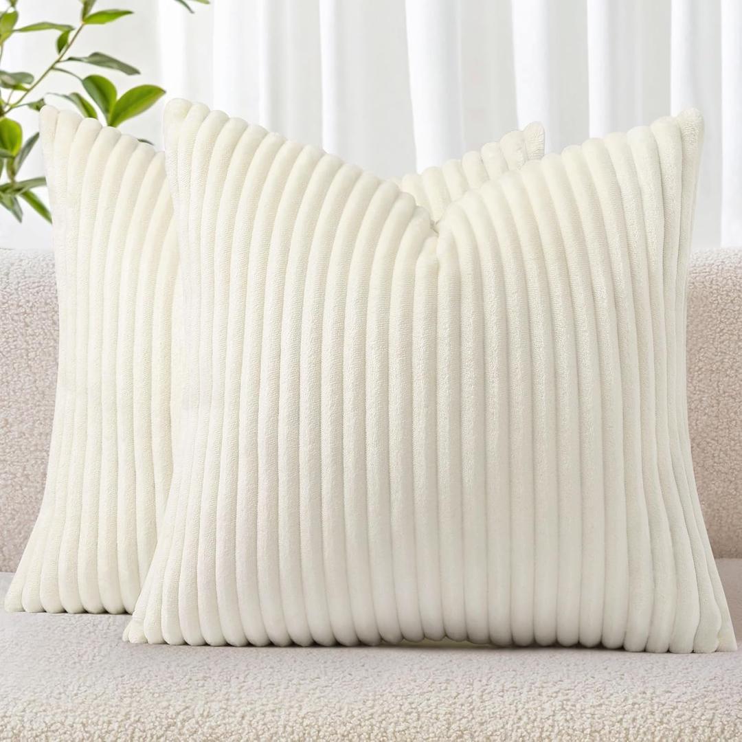 Simmore Decorative Throw Pillow Covers 20x20 Set of 2, Soft Natural Plush Flannel Double-Sided Fluffy Couch Pillow Covers for Sofa Living Room, Cream White