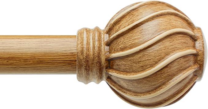 Lootkell Natural Wood Curtain Rods for Windows 48 to 84 Inches Adjustable Length Heavy Duty 7/8" Diameter Window Curtain Rod with Decorative Finials for Outdoor Farmhouse Bedroom Kitchen Living Room