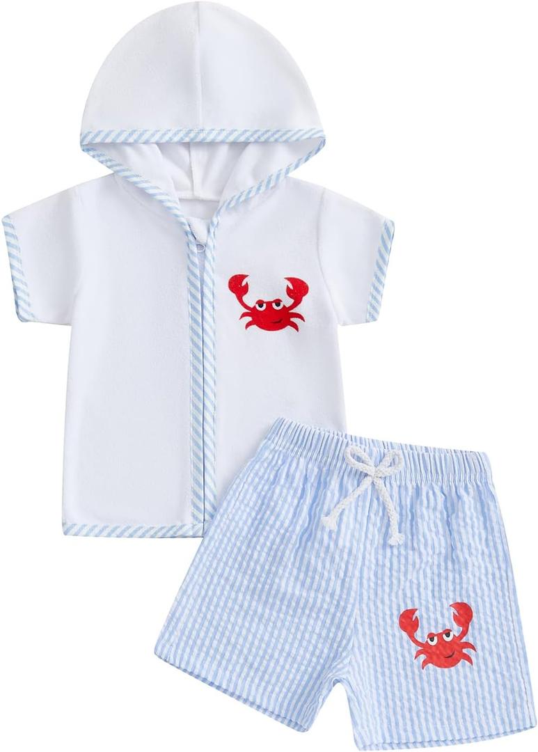 Toddler Baby Boy Swim Cover Up Zipper Towel Terry Hood Tops Seersucker Gingham Shorts Set 2pcs Beach Bathing Suit (12-18 Months, Sky Blue)