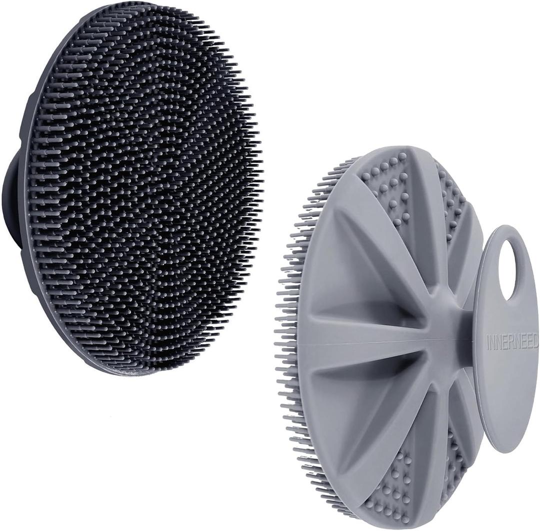 INNERNEED Food-Grade Soft Silicone Body Scrubber Shower Brush Handheld Cleansing Skin Brush, Gentle Exfoliating and Lather Well (Black+Gray)