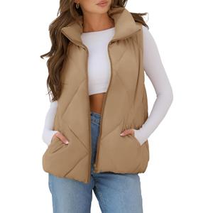 MEROKEETY Womens 2025 Puffer Vest Sleeveless Zip Up Quilted Coat Stand Collar Gilet Jacket With Pockets (Small, Khaki)