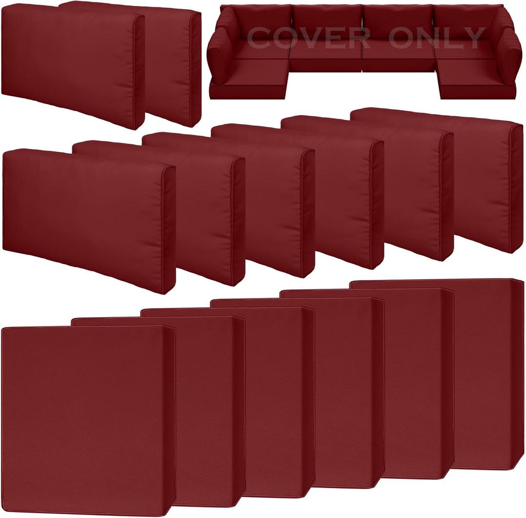 14 Piece Outdoor Patio Waterproof Cushion Covers, Fits 6-Seat Wicker Rattan Sectional Couch Chair Furniture Cover Replacement Set - Fade-Resistant Patio Cushion Covers with Zipper (Red)