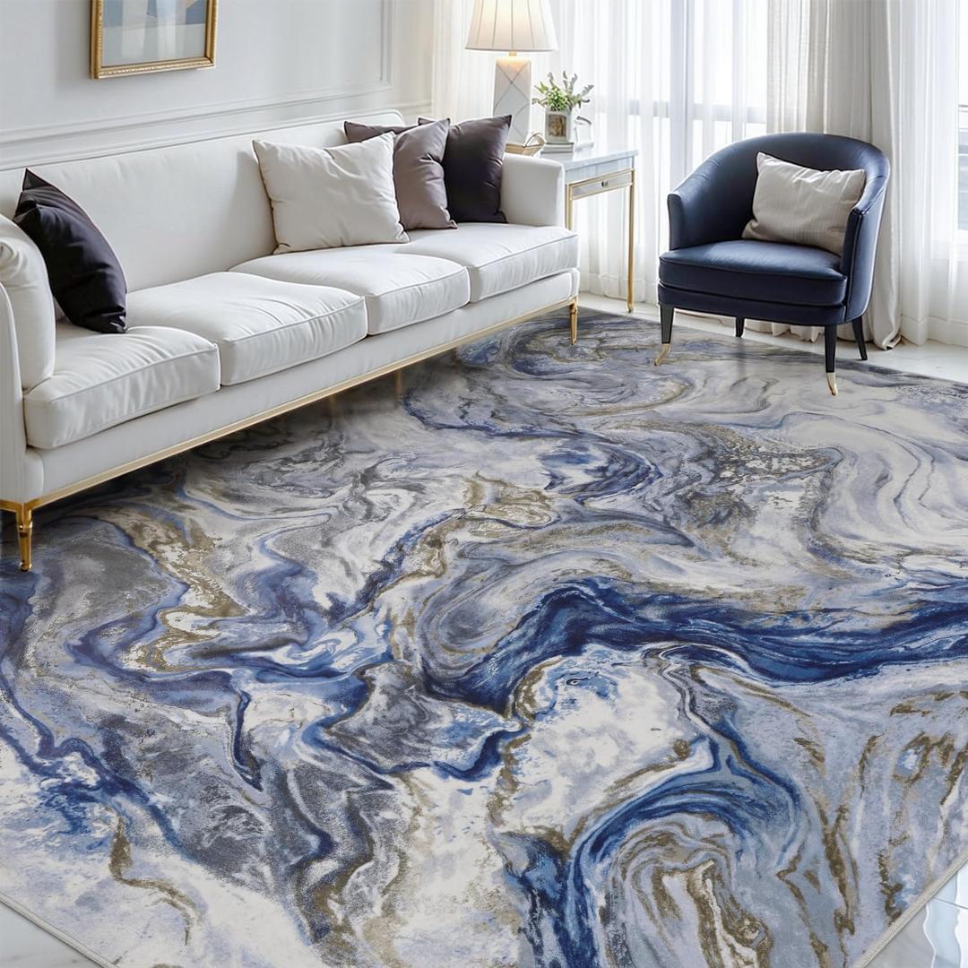 6x9 Area Rugs for Living Room, Modern Abstract Rug for Bedroom, Contemporary Machine Washable Rug, Large Stain Resistant Carpet for Dining Room Playroom Home Office, Pet & Kids Friendly (Blue)