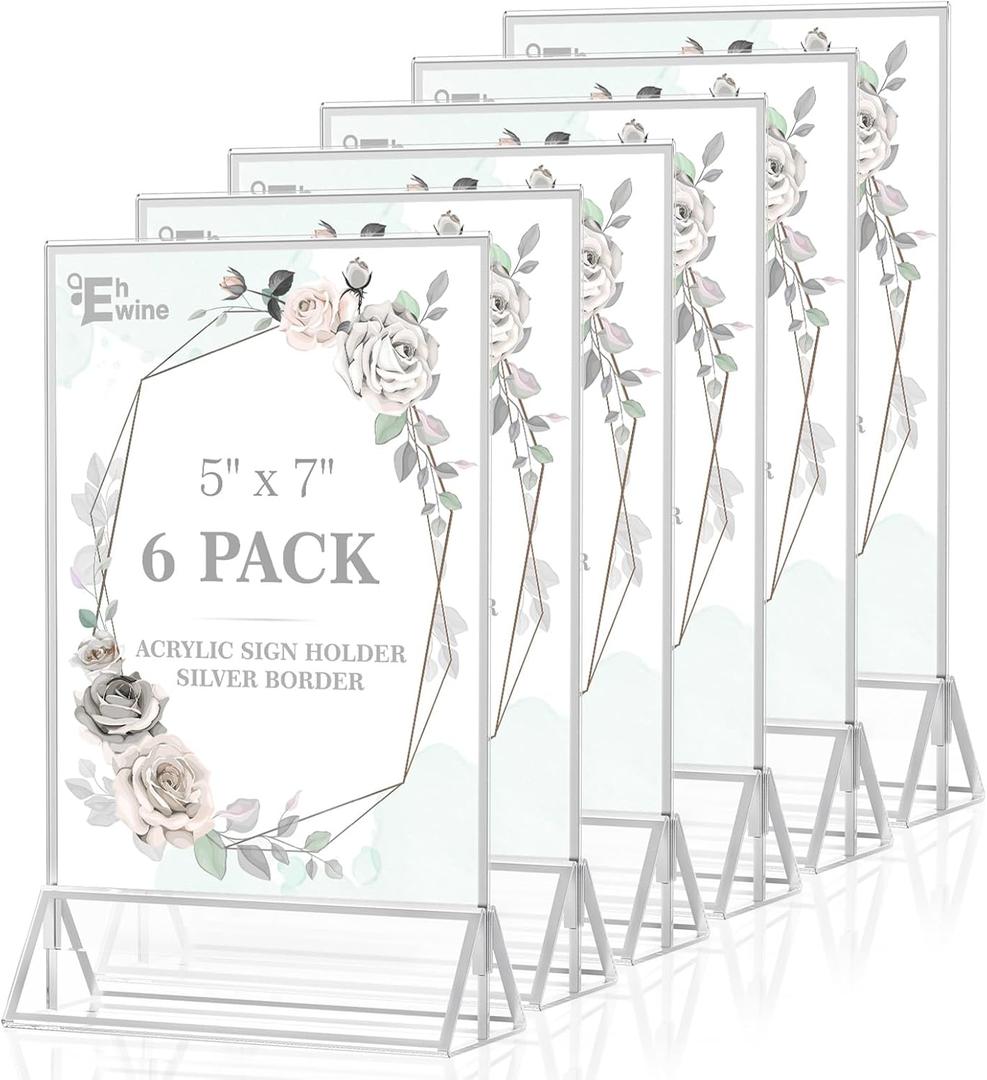 EHWINE 6 Pack Acrylic Sign Holder 5 x 7, Double Sided Silver Picture Frame Stand up Table Top Sign Holders, Clear Display Stand Menu Flyer Holder for Wedding Party (Provide Non-slip Mats)