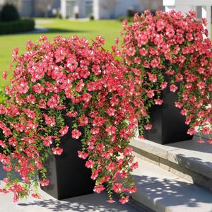 GLIDLION 4 PCS Artificial Morning Glory & Eucalyptus for Outside, Realistic Sun Resistant Fake Silk Hang Flower Faux Eucalyptus Leave for Patio Farmhouse Garden Porches Balcony Decor (Rose Red)