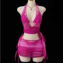 OYOANGLE Women's 4 Piece Crochet Knit Swimsuits Triangle Halter Bikini Set with Cover Ups Swimwear (Pink, L)