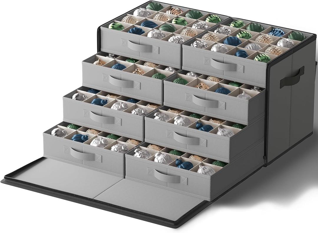 SONGMICS Large Christmas Ornament Storage Box, with Side Open, Stackable Christmas Storage Container with Lid, 8 Drawer Trays, 600D Oxford, 3-Inch 128 Slots, Dove Gray URFB038G01