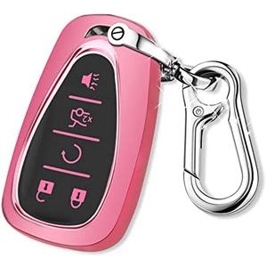 For Chevy Key Fob Cover with Keychain, Car Key Case Shell Protector for Chevrolet Equinox Malibu Camaro Traverse Blazer Cruze Volt Bolt Trax Tahoe 5 Buttons Smart Key Holder (Pink)