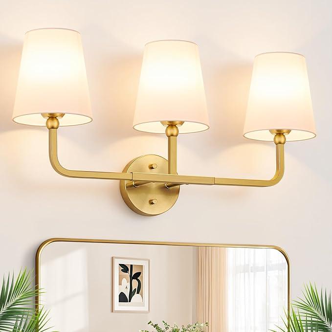 MOKATNG Bathroom Light Fixtures, 3-Light Brushed Gold Vanity Lights, Bathroom Lighting Fixtures Over Mirror with Flared White Fabric Shade, Modern Wall Sconces for Living Room Hallway