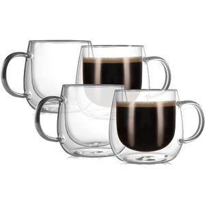 CNGLASS 10oz Double Walled Glass Coffee Mugs(4-pack),Clear Coffee Cups with Handle,Glass Espresso Mugs for Latte,Cappuccino,Tea