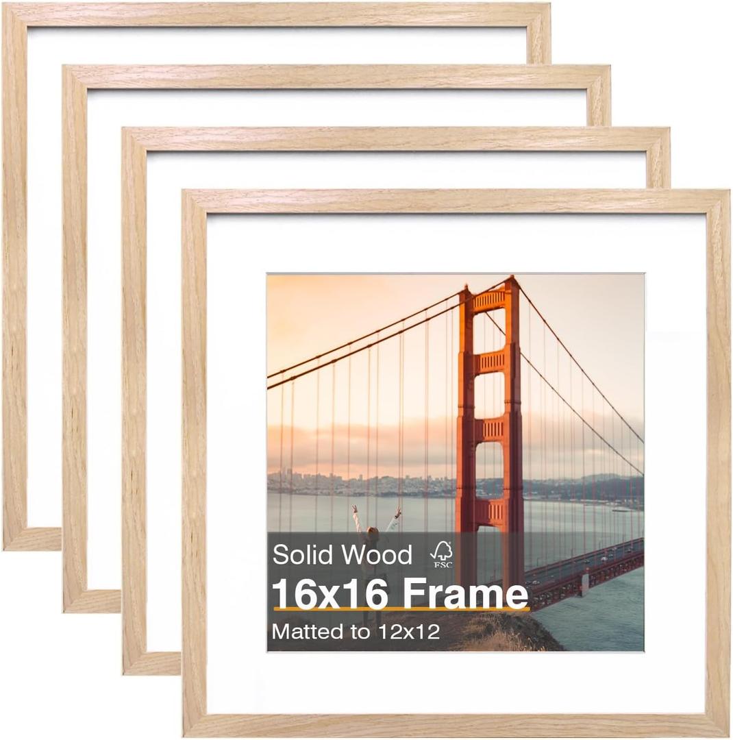 KINLINK 16x16 In Picture Frame, Natural Square Solid Wood Frames for Pictures 12x12 with Mat or 16x16 without Mat, Wall Display Photo Frames Natural Wood 4 Pack