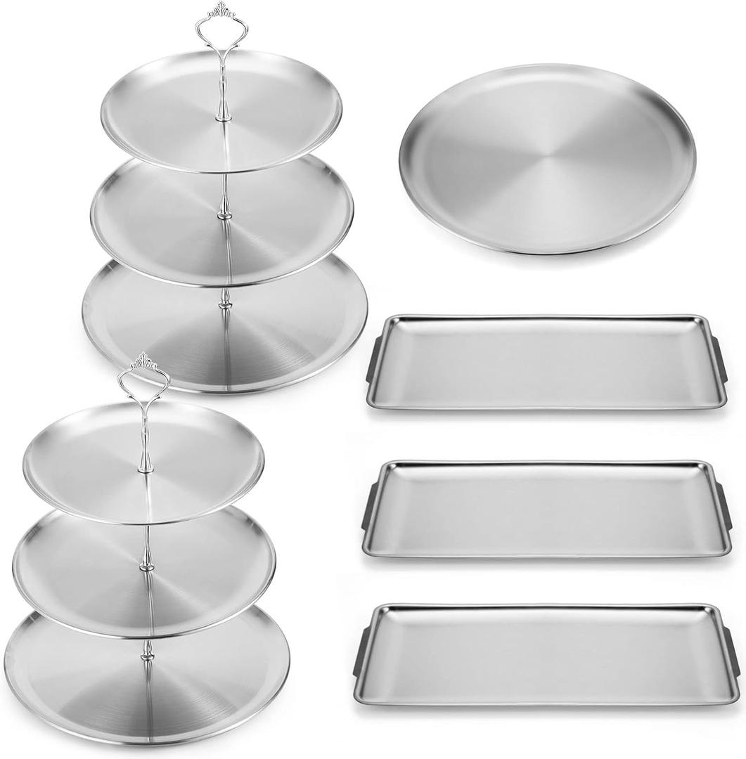 Zubebe 6 Pcs Dessert Table Display Set 2 Stainless Steel Cupcake Stand 3 Tier Cake Holder 3 Rectangle Serving Tray 1 Round Cake Tray Tiered Candy Cupcake Tower for Party Wedding Birthday (Silver)
