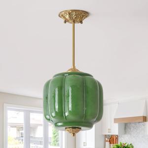 Green Milk Glass Pendant Light Chandelier with Antique Brass Finish, 10.24inch Vintage Semi Flush Mount Ceiling Light, Mid Century Modern Schoolhouse Ceiling Light Fixture for Kitchen Bedroom Hallway