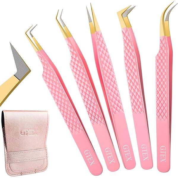 GTEX Lash Tweezers For Eyelash Extensions Tweezers Set of 5, Japanese Stainless Steel, Straight Curved 45 90 Degree Volume Eyelash Tweezers - SILVER