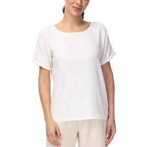 Soojun Women's Cotton Linen Round Collar Boxy Top Patchwork Blouses (White, M)