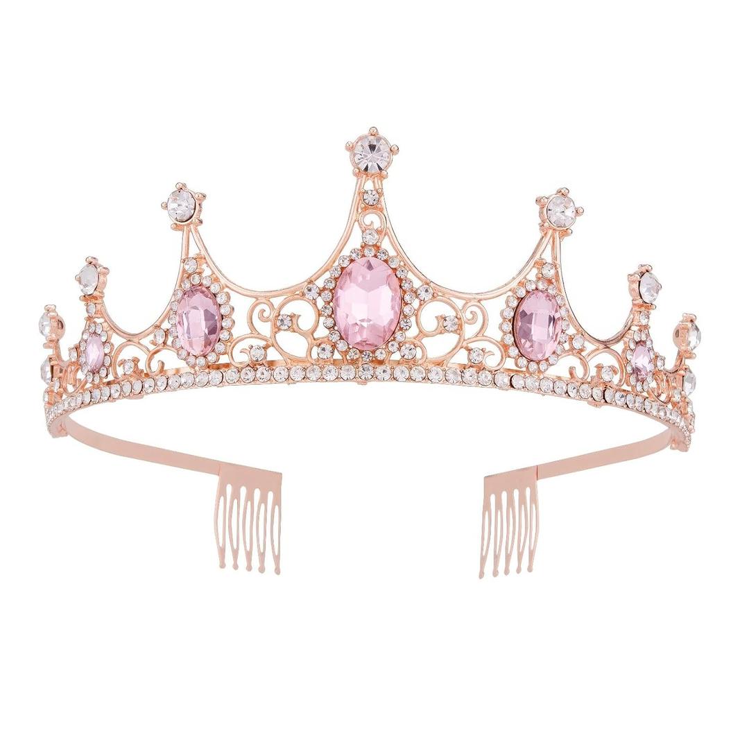Rapunzel Costume for Women Tiara Crown, Vofler Pink Crown Princess Peach Costume Adult Glinda Girls Princess Diaries Daisy Bubblegum Tiaras Headband Accessories for Mermaid Tangled Birthday Halloween (Rose Gold+Pink)