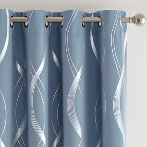 NICETOWN Vintage Blue Patterned Stripe Curtains for Bedroom and Patio, W52 x L84 inch, Wave Line Foil Print Design Morden Home Decor Room Darkening Drapes Room Divider, 2 Panels
