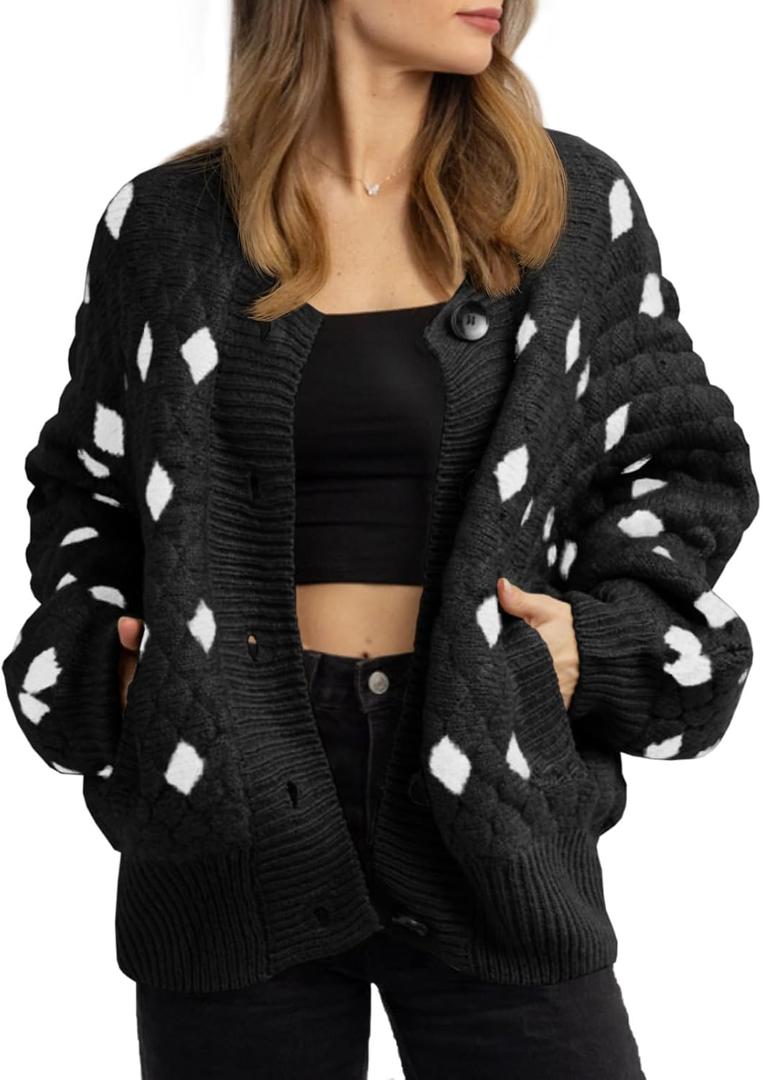 Saodimallsu Womens Chunky Cardigans Button Down Long Sleeve Open Front Plaid Knit Loose Fall Sweater Coats XL