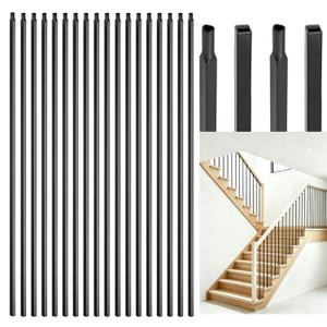 30 Pack 1/2" x 44" Wrought Iron Balusters, Square Hollow Metal Balusters, Deck Balusters, Black Metal Balusters for Stairs, Straight Stair Banister Spindles Railing