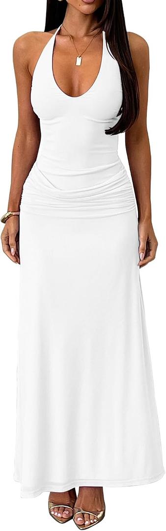 Kaximil Women's Sexy V Neck Halter Maxi Dresses Bodycon Cocktail Wedding Guest Long Dress (White, XL)