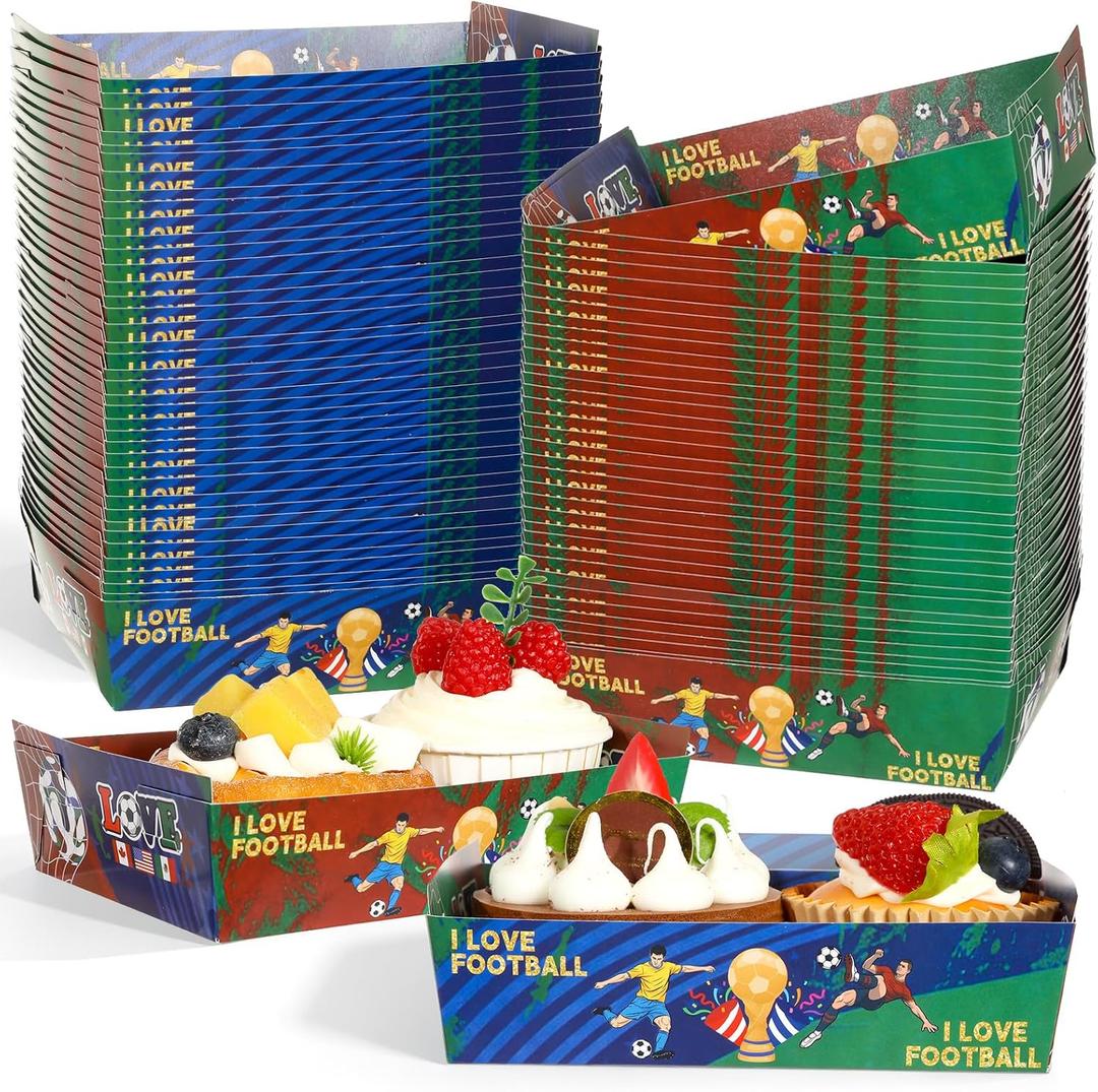 100 PCS 2026 World Soccer Tournament Cup Food Boats Soccer Birthday Party Supply World Football Sport Themed Paper Serving Trays Boxes Disposable Holder for Team Baby Shower Sport Birthday Party Favor