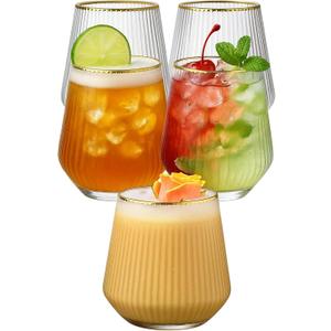 40 count origami ripple Unbreakable Stemless Plastic Wine Champagne Whiskey Glasses Elegant Durable Disposable Indoor Outdoor Ideal for Home, Office, Bars, Wedding, Ribbed 14 Ounce Cups (40, Gold Rim)