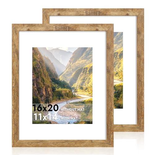 iRahmen 16x20 Picture Frame Set of 2 with Plexiglass, Display Pictures 11x14 with Mat or 16 x 20 Without Mat, Rustic Brown Wood Poster Frame for Photo Wall Gallery Mounting