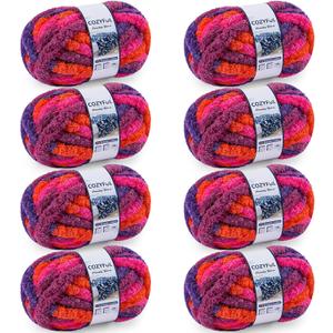 Cozyful Chunky Yarn for Hand Knitting - #10 Chunky Chenille Blanket Yarn, Jumbo Big Thick Chunky Yarns for Crocheting, Tie Dye Bulky Knit Yarns, 8 Skein (25 yds 8 oz Each Skein), Orange&Rose&Purple