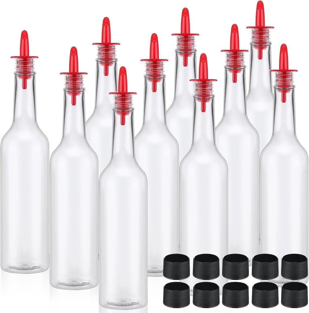 Tioncy 10 Sets 15oz Plastic Liquor Bottles with Pourers Sets 10 Plastic Long Neck Syrup Bottles with Pourer and Caps Reusable Leakproof for Home Party Bar(Red)