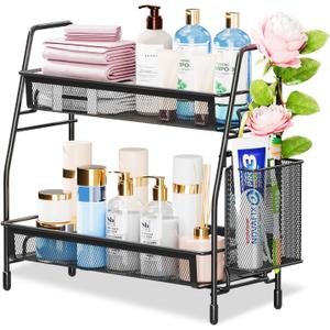 Famhap Bathroom Counter Organizer, Bathroom Organizer Countertop with Side Basket, Kitchen Countertop Organizer, Metal Spice Rack Organizer, Black 13.8"x7"x12.6"