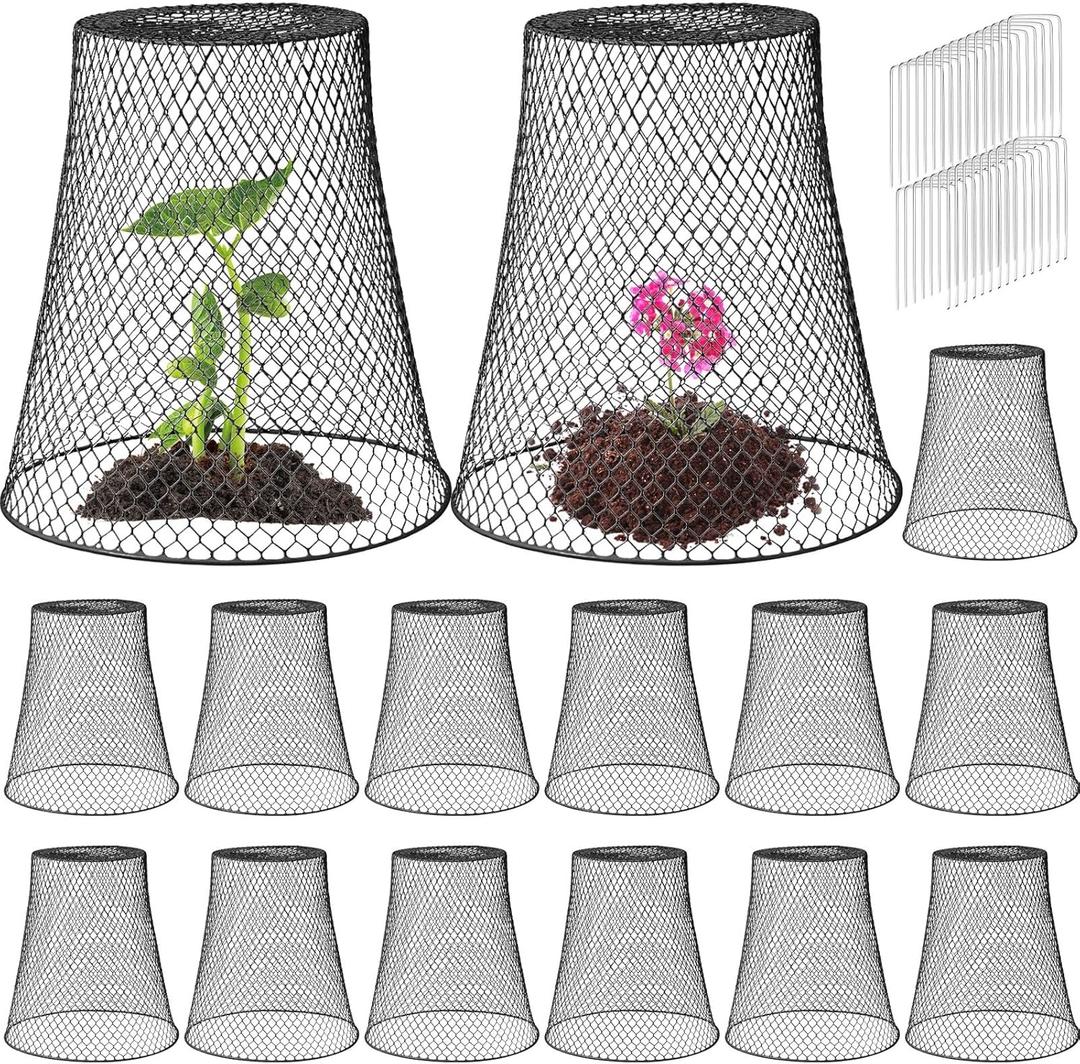 Therwen 15 Pcs Large Plant Wire Cloche 11 x 12 Inch Metal Garden Cloche with Garden Stakes Plant Protector from Animals for Keeping Bunnies Chicken Squirrels Birds (Black)