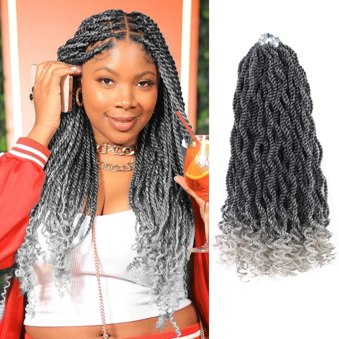 Grey Crochet Hair for Black Women 14 Inch Senegalese Twist Crochet Braids with Curly Ends 8 Packs Kinky Twist Braiding Hair Pre Looped 2 Strand Rope Twists (14 Inch,Tgrey)