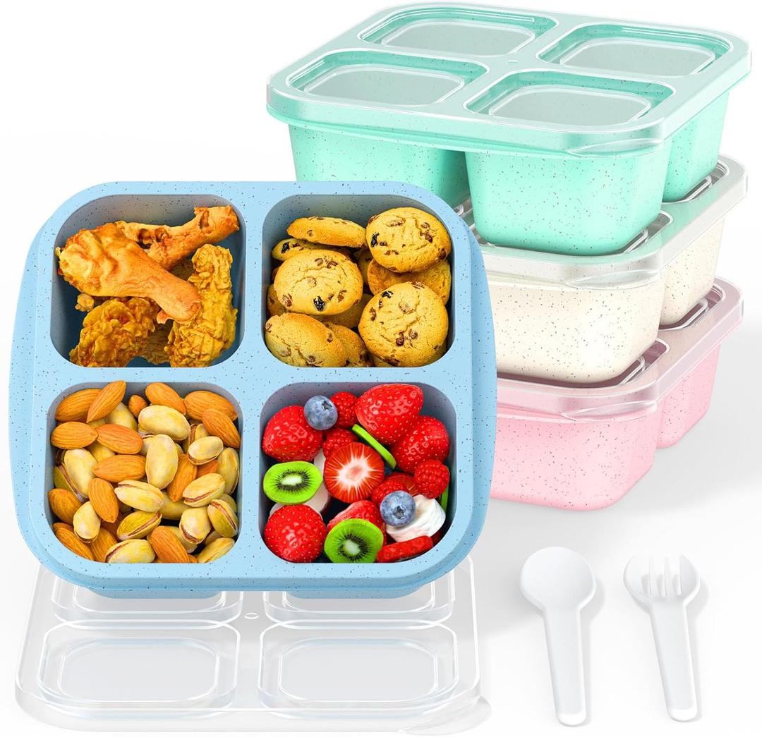 Bento Snack Boxes (4 Pack)- Reusable 4-Compartment Meal Prep Containers for Kids and Adults, Perfect Food Storage School, Compact Stackable (Wheat(Green/Blue/PK/Beige))