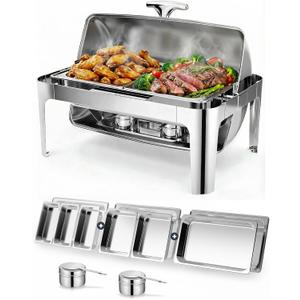 13QT Roll Top Chafing Dishes for Buffet: Catering Food Warmer for Parties, Wedding, Birthday, Christmas, 1 Full Size & 2 Half-Size & 3 1/3 size Chafing Server Dish, 1 Water Pan