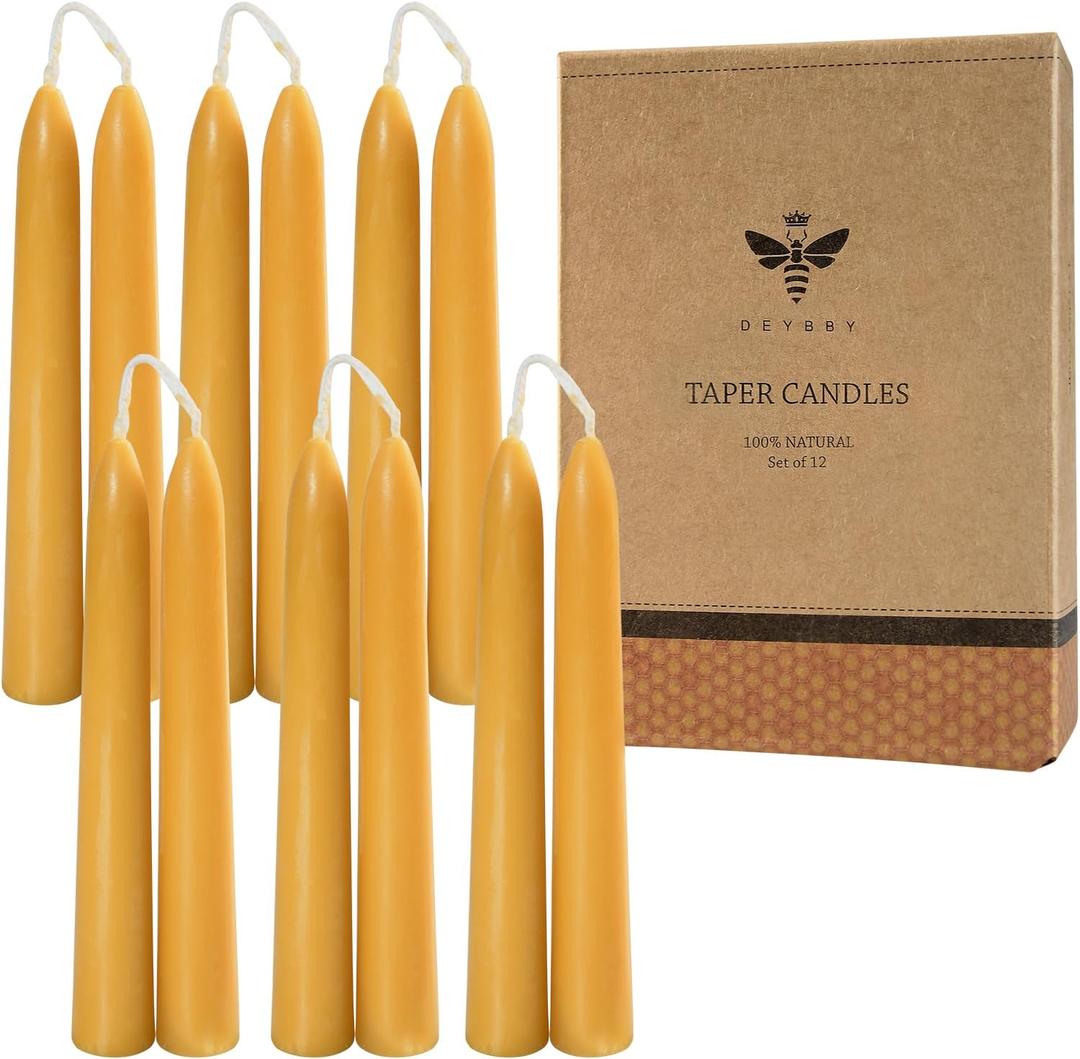 6'' Natural Beeswax Taper Candles Set of 12, DEYBBY Smokeless and Dripless Beeswax Candles, 4-5Hrs Burn Time, Nontoxic