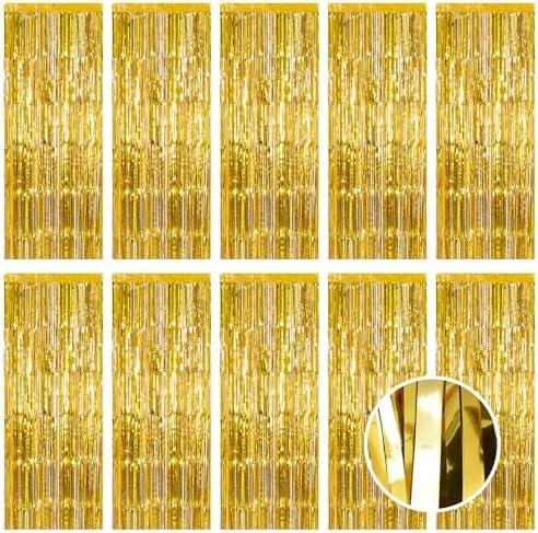 10 Pack Gold Foil Curtain Backdrop 3.2ft x 9.8ft Metallic Tinsel Foil Fringe Curtains Streamer Photo Booth Backdrop for Birthday Party Engagement Bachelorette Party Decorations (Gold)