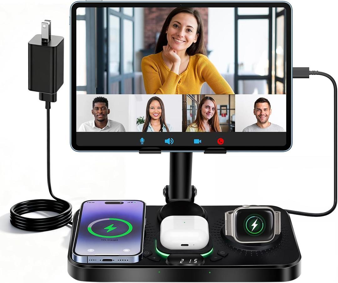 6-in-1 Wireless Charging Station for Apple Products with Clock, 7-Color RGB and Foldable,30W Multiple Devices Wireless Charging Stand for iPad Stand, for iphone17, for AirPods, for Apple Watch (Black)