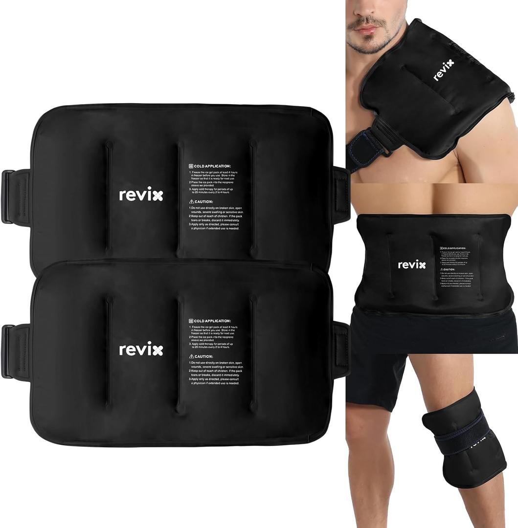 REVIX 16" × 9" Flexible Gel Ice Packs Reusable for Lower Back with Strap, Dual-Sided Soft Body Ice Wraps for Shoulder, Neck, Abdomen and Leg Relief, Black 2 Packs