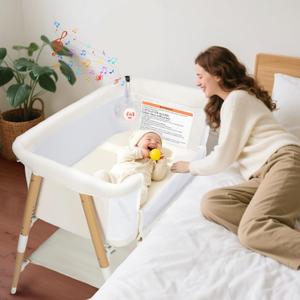 Baby Bassinet, 3 in 1 Bedside Bassinet Sleeper for Newborn, Portable Baby Crib with 4 Detachable Wheels & Adjustable Height, Breathable Mesh & Mattress, Mosquito Net& Storage Basket (White)