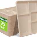 WELLIFE 100% Compostable 5 Compartment Paper Plates, 125 Pack Small Heavy Duty Disposable School Lunch Trays, 10.25 * 8.25 Inch Eco-Friendly Bagasse Plates for Boys, Girls and Youth (BPA Free) (Natural)